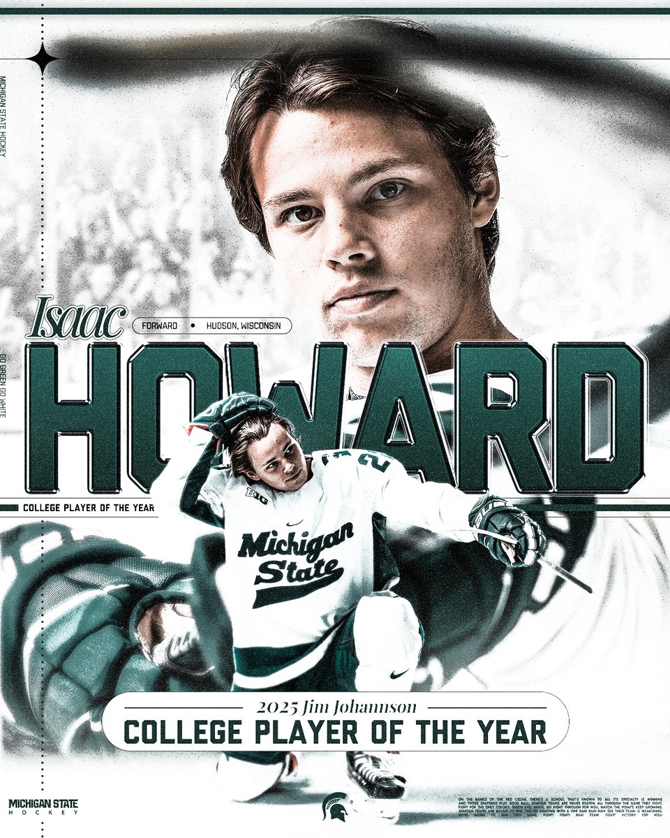 The accolades keep rolling in for Isaac Howard!

He's your 2025 USA Hockey Jim Johannson College Player of the Year! 🏆

Howard becomes the fourth Spartan to earn the honor joining Jeff Lerg, Ryan Miller and Mike York.

#GoGreen