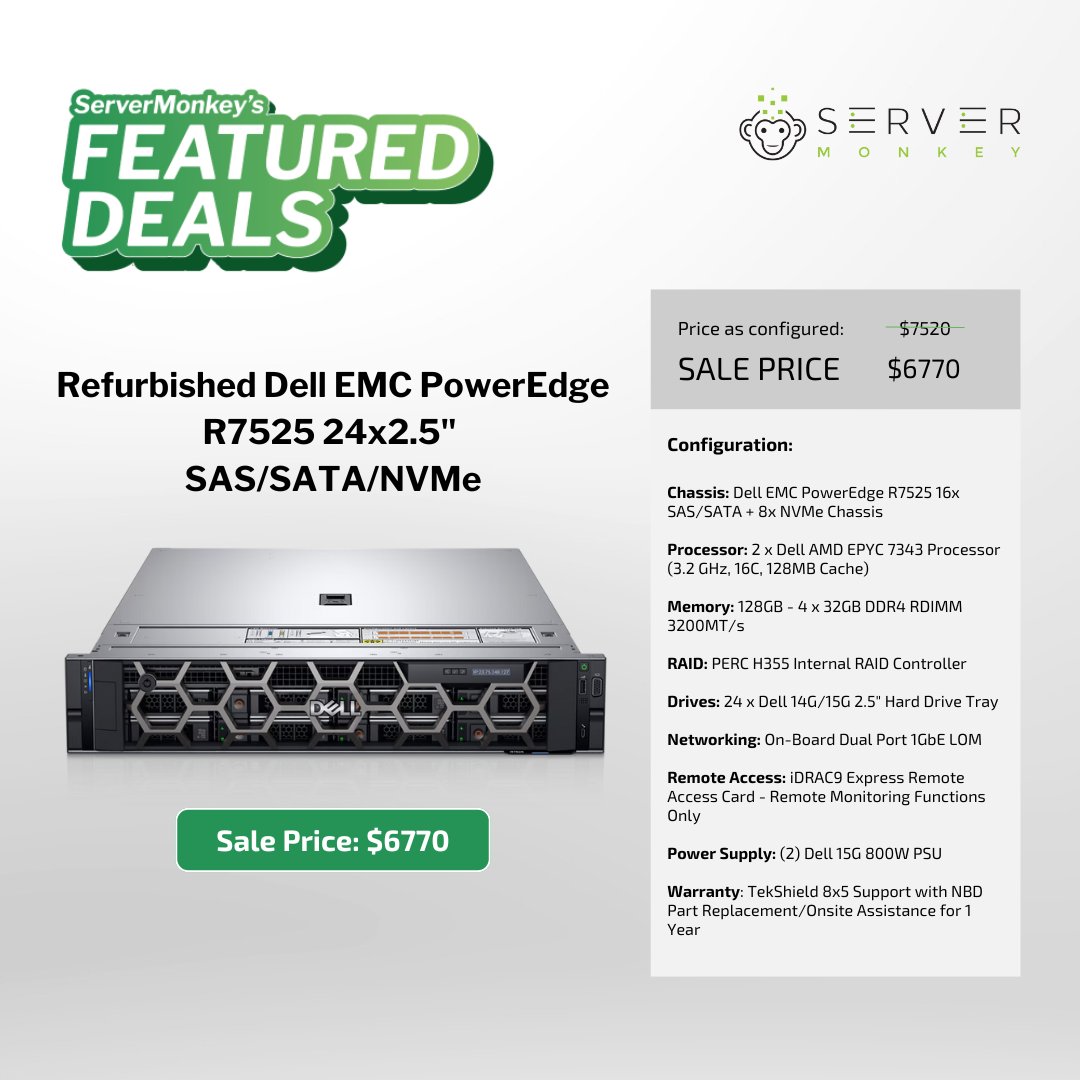 ServerMonkey (@myservermonkey) on Twitter photo Memorial Day savings! 10% off Dell EMC PowerEdge #R7525: Just $6,770! Dual AMD EPYC 7343 CPUs, 128GB RAM, 24 drive bays for endless expansion, TekShield Support.
🌐: hubs.ly/Q03pjRbt0
👨💻: 1-855-432-8918 | sales@servermonkey.com
#ServerMonkeyFeaturedDeal Memorial Day savings! 10% off Dell EMC PowerEdge #R7525: Just $6,770! Dual AMD EPYC 7343 CPUs, 128GB RAM, 24 drive bays for endless expansion, TekShield Support.
🌐: hubs.ly/Q03pjRbt0
👨💻: 1-855-432-8918 | sales@servermonkey.com
#ServerMonkeyFeaturedDeal