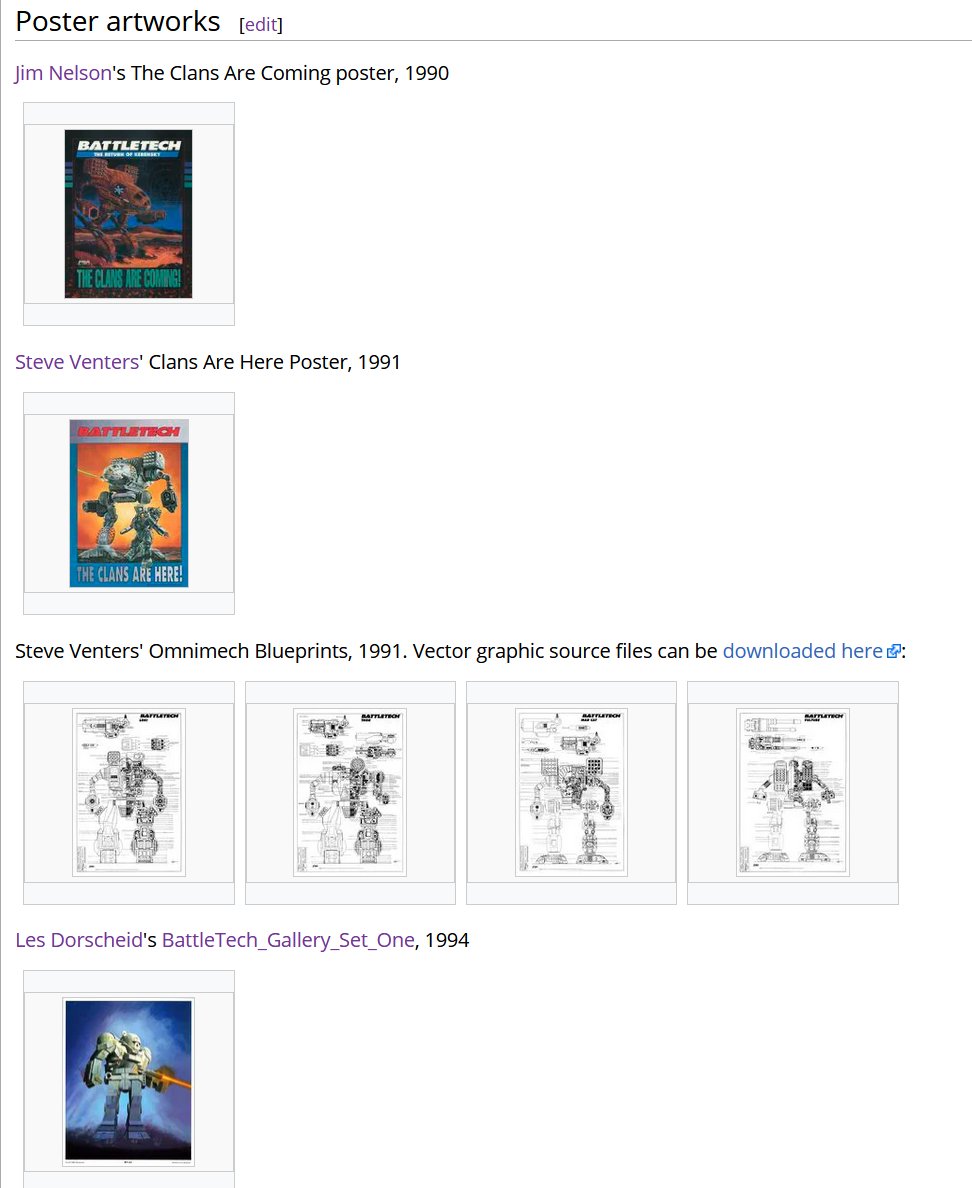 I've begun little by little to upload my archive of artworks from Battletech and Mechwarrior to Sarna. Once I've uploaded more to the site, then I'll work more on categorizing and producing a better timeline for people to use, but here's the page so far: sarna.net/wiki/User:Pyre…
