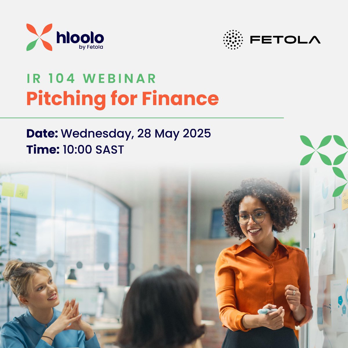 Hloolo’s Pitching for Finance webinar is happening tomorrow, don’t miss your opportunity to learn how to attract impact-driven funding and scale. Whether you’re starting or scaling up, this is for you. Register now zurl.co/ZUerm 

#GreenFunding #ImpactEntrepreneurship