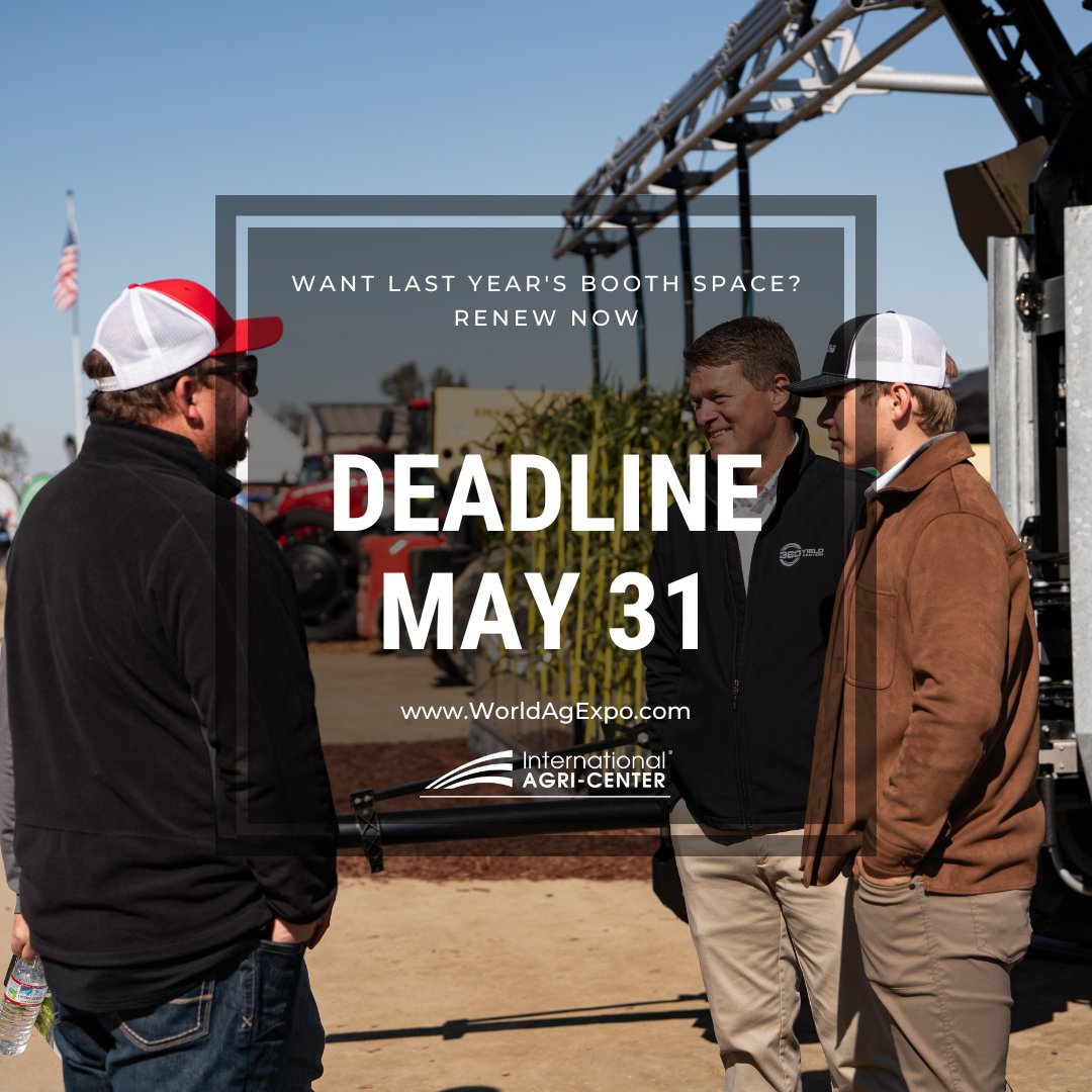 ⏳ Deadline Fast Approaching!

Exhibitors, want to keep your current booth for World Ag Expo 2026? Renew now to secure your space before it’s gone!

🗓️ The deadline is May 31 — don’t wait!

Link to renew: bit.ly/WAE2026BoothRe…