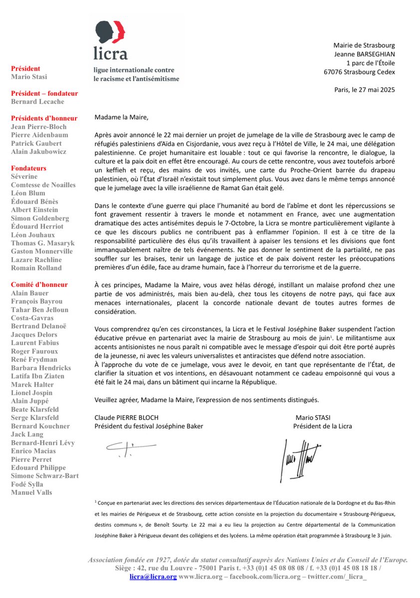 EricJC_Vial's tweet image. La Licra suspend l’action éducative avec #Strasbourg. « Le militantisme aux accents antisionistes ne nous paraît ni compatible avec le message d’espoir qui doit être porté auprès de la jeunesse, ni avec les valeurs universalistes et antiracistes que défend notre association ».