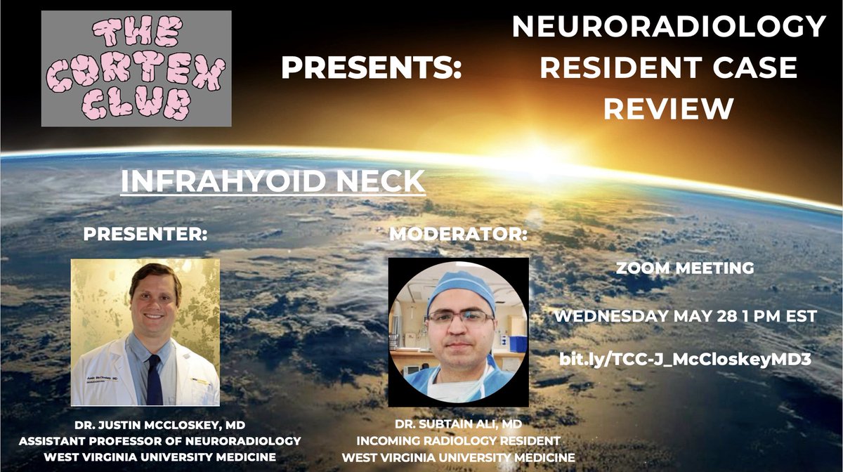 Justin McCloskey, MD (@j_mccloskeymd) on Twitter photo Please join me for another <a href="/thecortexclub/">The Cortex Club</a> neuroradiology case review on Infrahyoid Neck tomorrow May 28 from 1-2 PM on Zoom. Format is MCQs.
Link to register: bit.ly/TCC-J_McCloske…
<a href="/thecortexclub/">The Cortex Club</a> <a href="/DrSubtainAli/">Subtain Ali, M.D.</a> <a href="/FOAMrad/">FOAMrad</a> <a href="/wvuradres/">WVU Radiology Residency Program</a> <a href="/MohitTCCNeuro/">Mohit Agarwal</a> <a href="/sureshmukherji/">Suresh Mukherji</a> Please join me for another <a href="/thecortexclub/">The Cortex Club</a> neuroradiology case review on Infrahyoid Neck tomorrow May 28 from 1-2 PM on Zoom. Format is MCQs.
Link to register: bit.ly/TCC-J_McCloske…
<a href="/thecortexclub/">The Cortex Club</a> <a href="/DrSubtainAli/">Subtain Ali, M.D.</a> <a href="/FOAMrad/">FOAMrad</a> <a href="/wvuradres/">WVU Radiology Residency Program</a> <a href="/MohitTCCNeuro/">Mohit Agarwal</a> <a href="/sureshmukherji/">Suresh Mukherji</a>