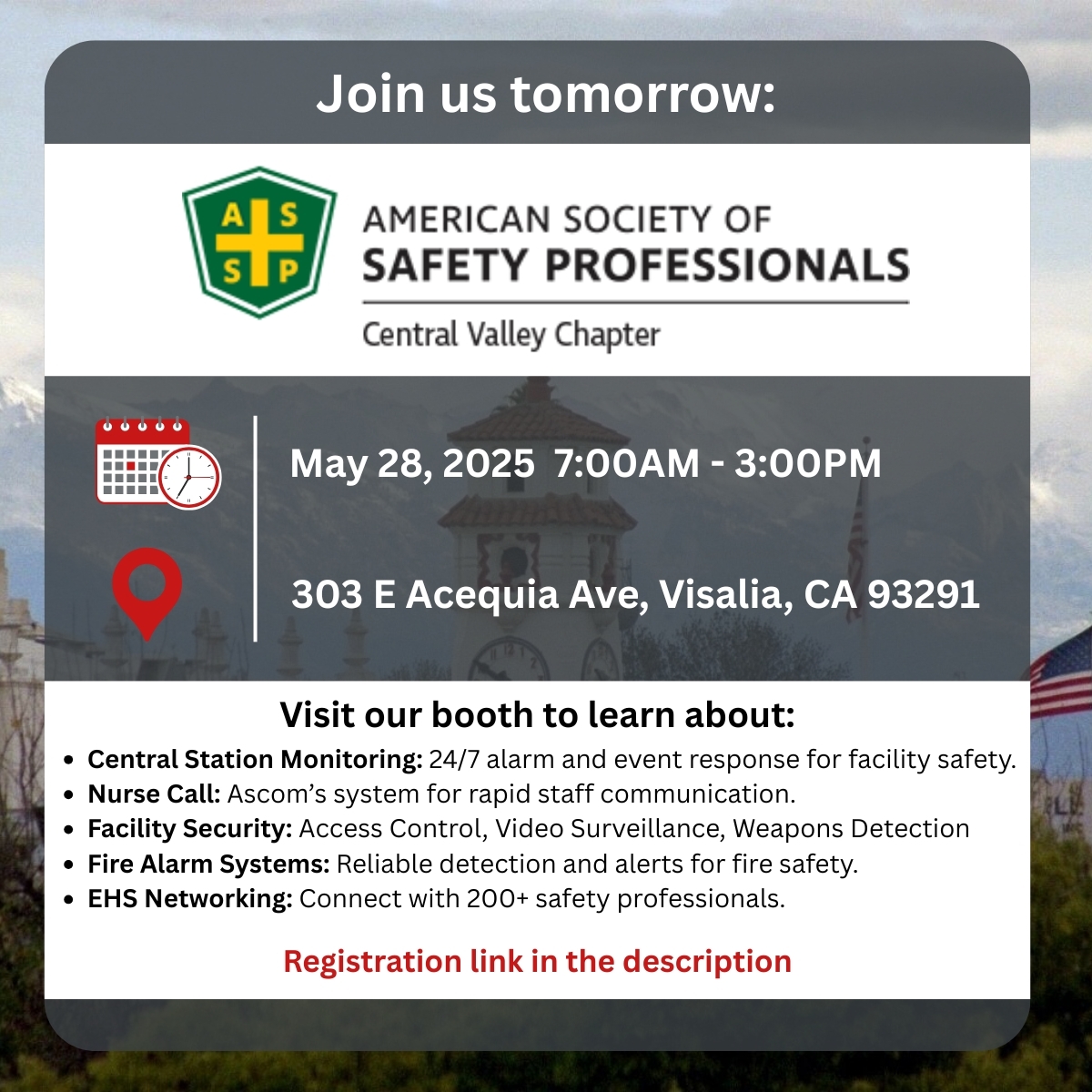 IntegElec's tweet image. Join us at the 2025 Central Valley Safety Symposium in Visalia, CA on May 28! Stop by our booth to learn about life safety systems: 24/7 monitoring, Ascom nurse call, access control, video surveillance, fire alarm, and more!

Registration: 
hubs.li/Q03pjTyC0