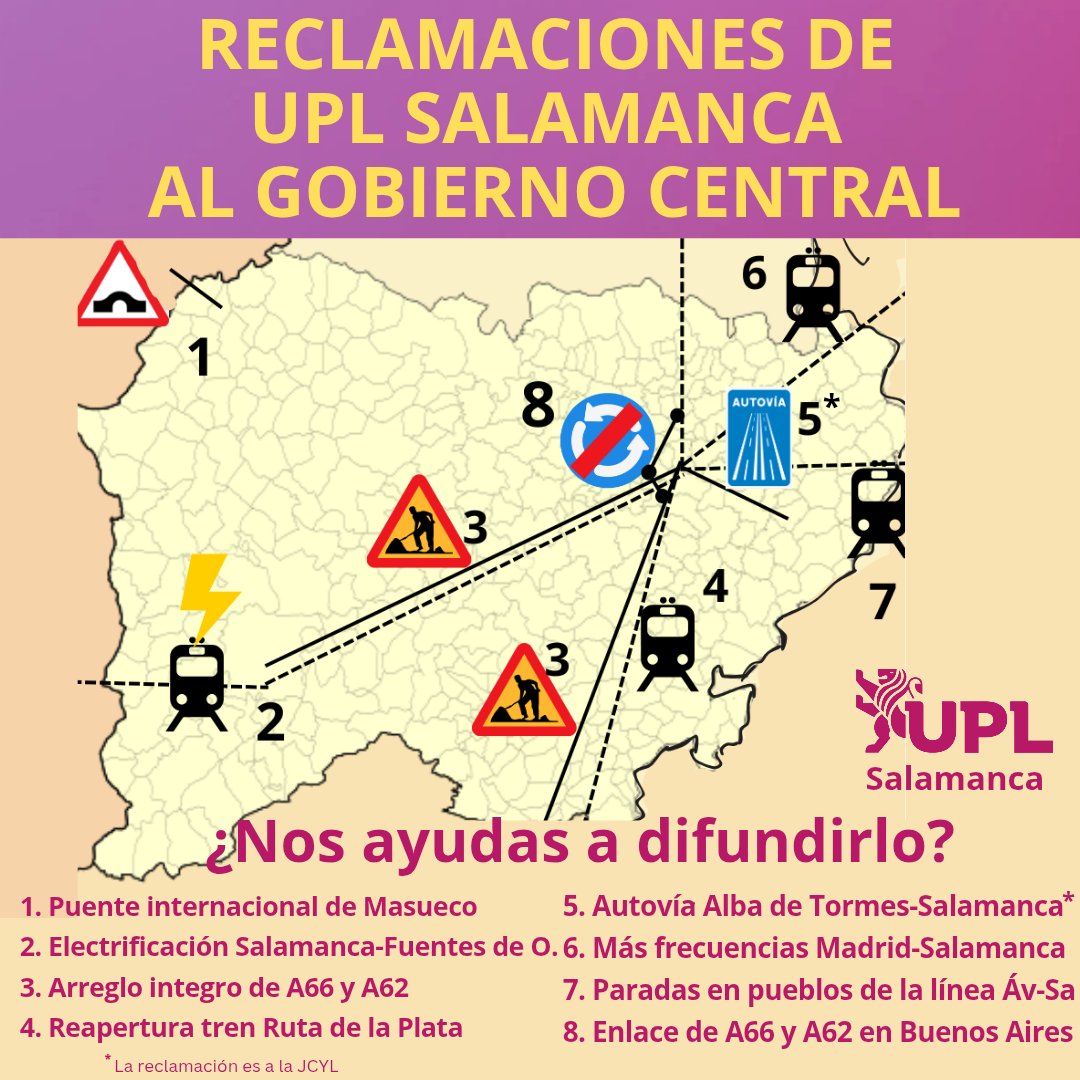 En UPL Salamanca reclamamos 8 infraestructuras clave para nuestra provincia:

1. Puente Masueco

2. Tren electrificado

3. A66-A62

4. Ruta de la Plata

5. Autovía Alba

6. trenes a Madrid

7. Paradas rurales

8. Enlace A66-A62

#Salamanca #InfraestructurasYa