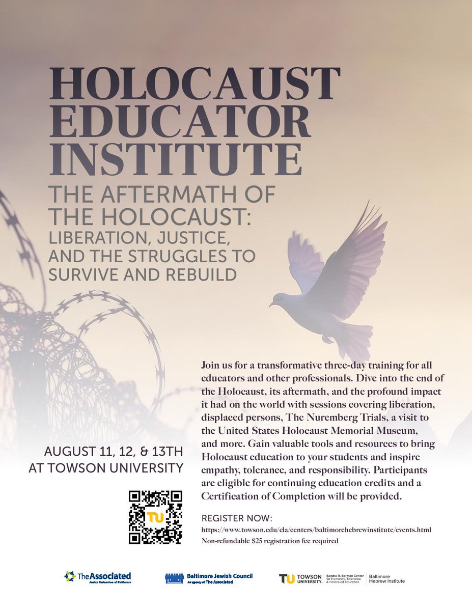 Join us for a transformative three-day training for all educators and other professionals, August 11, 12, and 13 at <a href="/TowsonU/">Towson University</a>.  Dive into the end of the Holocaust, its aftermath, and the profound impact it had on the world. Register Here: towson.edu/cla/centers/ba…