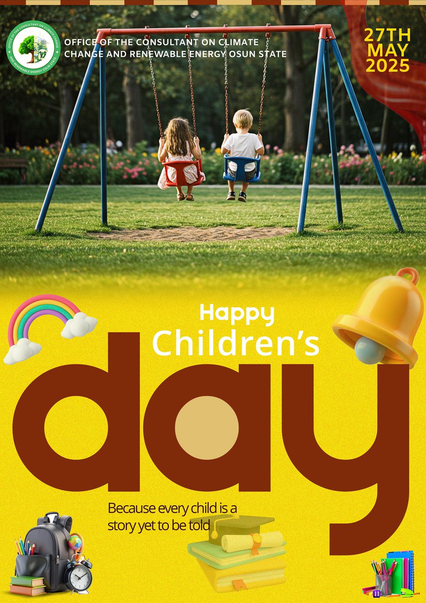 ossgclimate's tweet photo. Celebrating the joy of childhood this Children’s Day! 
Let’s create a sustainable future for our little ones. Happy Children’s Day from the Office of the Consultant on Climate Change and Renewable Energy, Osun State! #ChildrensDay2025 #SustainableFuture #OsunClimateAction https://t.co/0P1PH8akrx