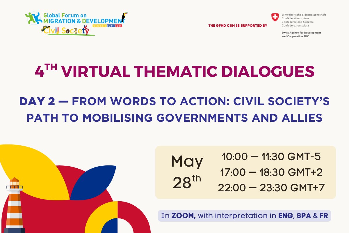 Let’s turn ideas into action on Day 2 of the CS Thematic Dialogues <a href="/GFMDprocess/">GFMD</a> ✊

Day 2: Civil Society’s path to mobilising governments and allies

🔹9 AM GMT+2 🔗 bit.ly/CS-4TD-28-AM
🔸5 PM GMT+2 🔗 bit.ly/CS-4TD-PM-28

🌍 ENG, ESP &amp; FR interpretation