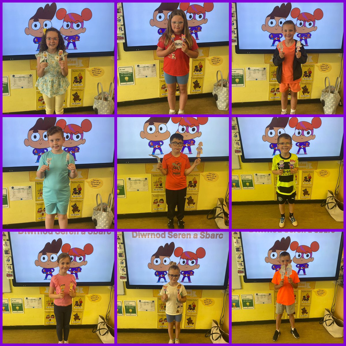 Yr 3 - Diwrnod Seren a Sbarc🏴󠁧󠁢󠁷󠁬󠁳󠁿💜🧡
On Friday, we celebrated the Welsh language by making our Welsh superhero stick puppets and used them to ask questions to one another in Welsh😊