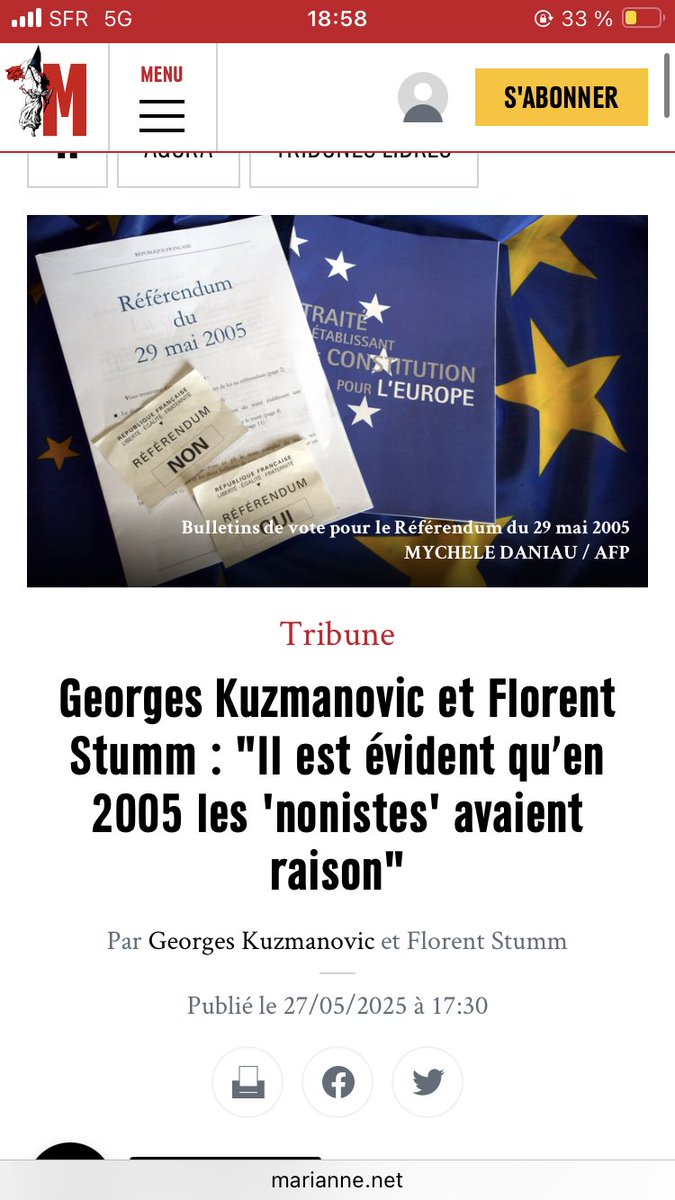 Excellente tribune de <a href="/Vukuzman/">Georges Renard-Kuzmanovic 🇨🇵</a> et <a href="/FlorentStumm/">Florent Stumm</a> sur les 20ans du référendum de 2005 dans <a href="/MarianneleMag/">Marianne</a> : « Il est évident qu’en 2005 les Nonistes avaient raison ». Lien ci-dessous ! 👇