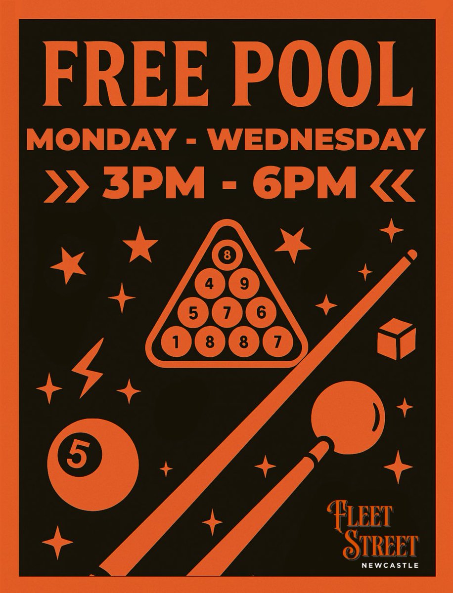 fleetstreetncl's tweet image. 🎱 Free Pool at Fleet Street!
Swing by Monday to Wednesday, 3PM–6PM and enjoy free pool on us!
Chalk up, sink some shots, and kick back in style. 🎱🍻
#FleetStreetNewcastle #FreePool #PoolTime #NewcastleNights