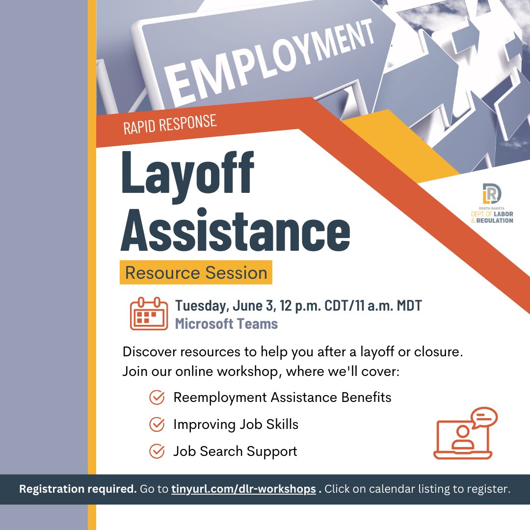 Lost your job or facing closure?

Join our workshop to learn about: • Reemployment benefits • Skill-building resources • Job search support

June 3 @ 12PM CDT/11AM MDT Teams meeting

Go to calendar entry to sign up: tinyurl.com/dlr-workshops