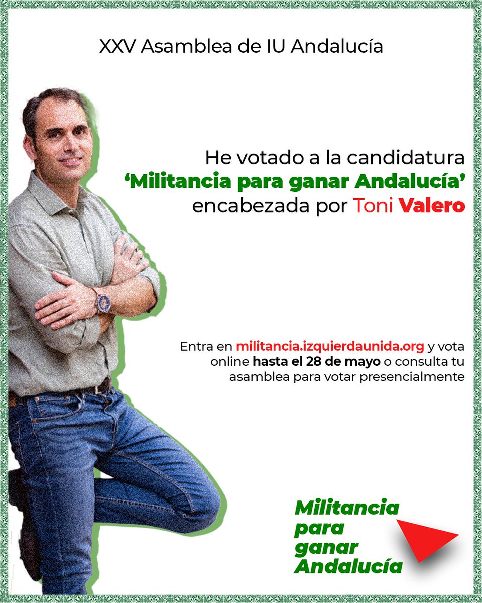 Hoy ejerzo mi derecho al voto como militante de @IUAndalucia en favor de una lista y una propuesta política que encarna lo que somos: coherencia, capacidad política y aspiración unitaria al servicio de la clase trabajadora.

En eso estamos.