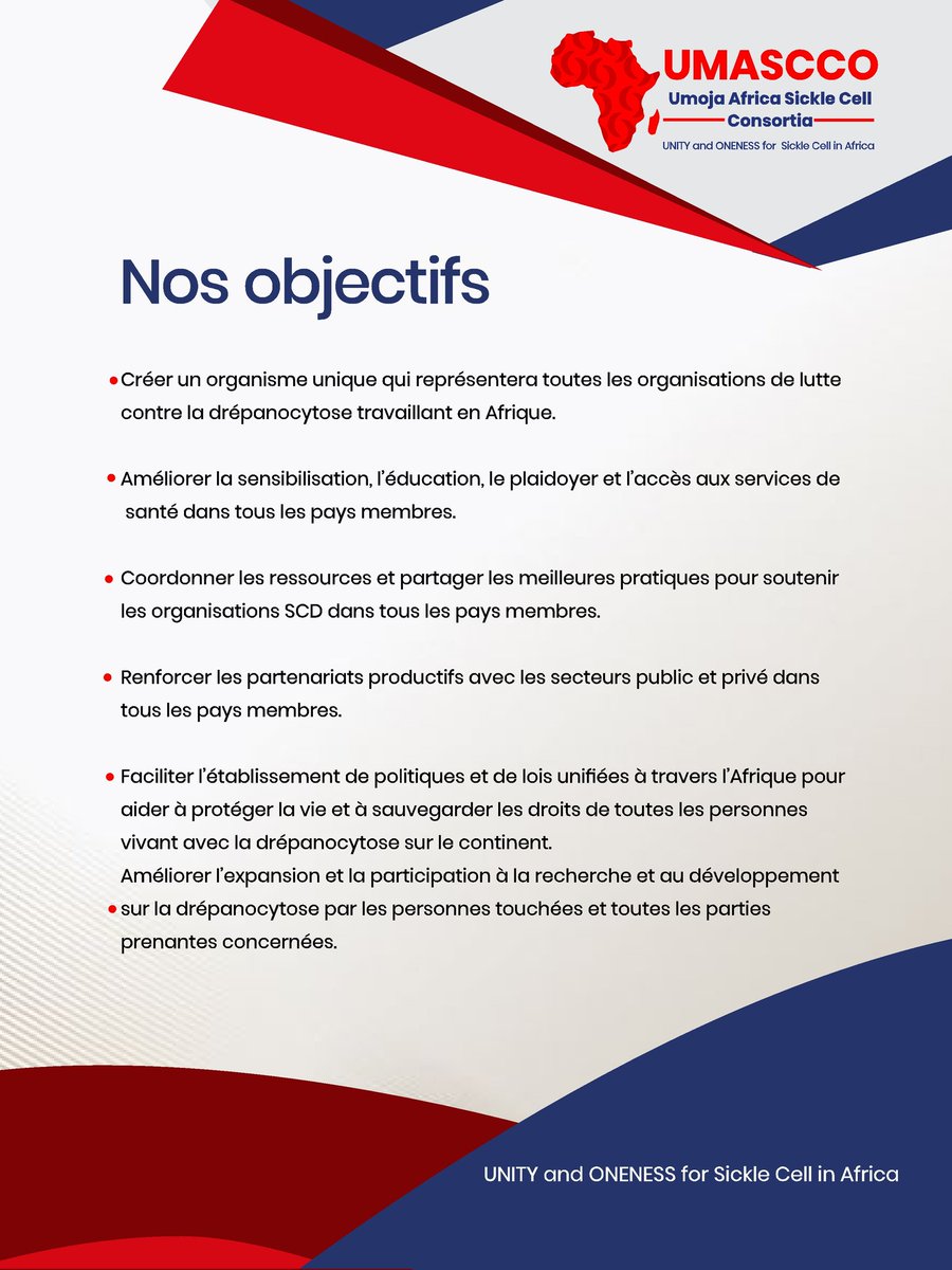 UMASCCO_Africa's tweet photo. We're bound by a shared purpose. These objectives reflect our commitment to empowering communities, strengthening collaboration, and creating lasting impact across Africa.
UNITY and ONENESS for SCD in Africa. #OneAfrica #OneVoice #OneFight. #UneAfrique #UneVoix #UnCombat https://t.co/adZLGCImNx