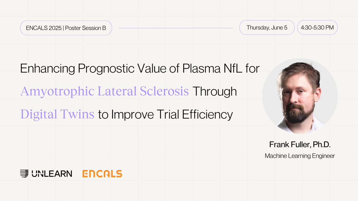 Attending #ENCALS2025? Don’t miss our poster presentation, “Enhancing Prognostic Value of Plasma NfL for Amyotrophic Lateral Sclerosis (ALS) Through Digital Twins to Improve Trial Efficiency.” 

🗓 Thursday, June 5 | 🕒 4:30–5:30 PM | 📍 Poster Session B

Connect with our team to