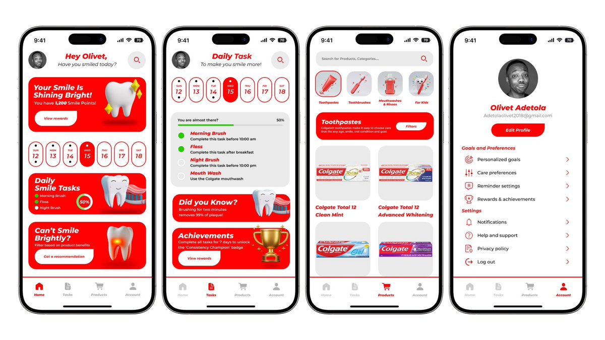 AdetolaOlivet's tweet image. Got a little bored and I thought, “What if @Colgate had a mobile app?”
So I put my creativity to work and came up with a quick, simple design concept
#UIDesign #Colgate #DesignForFun