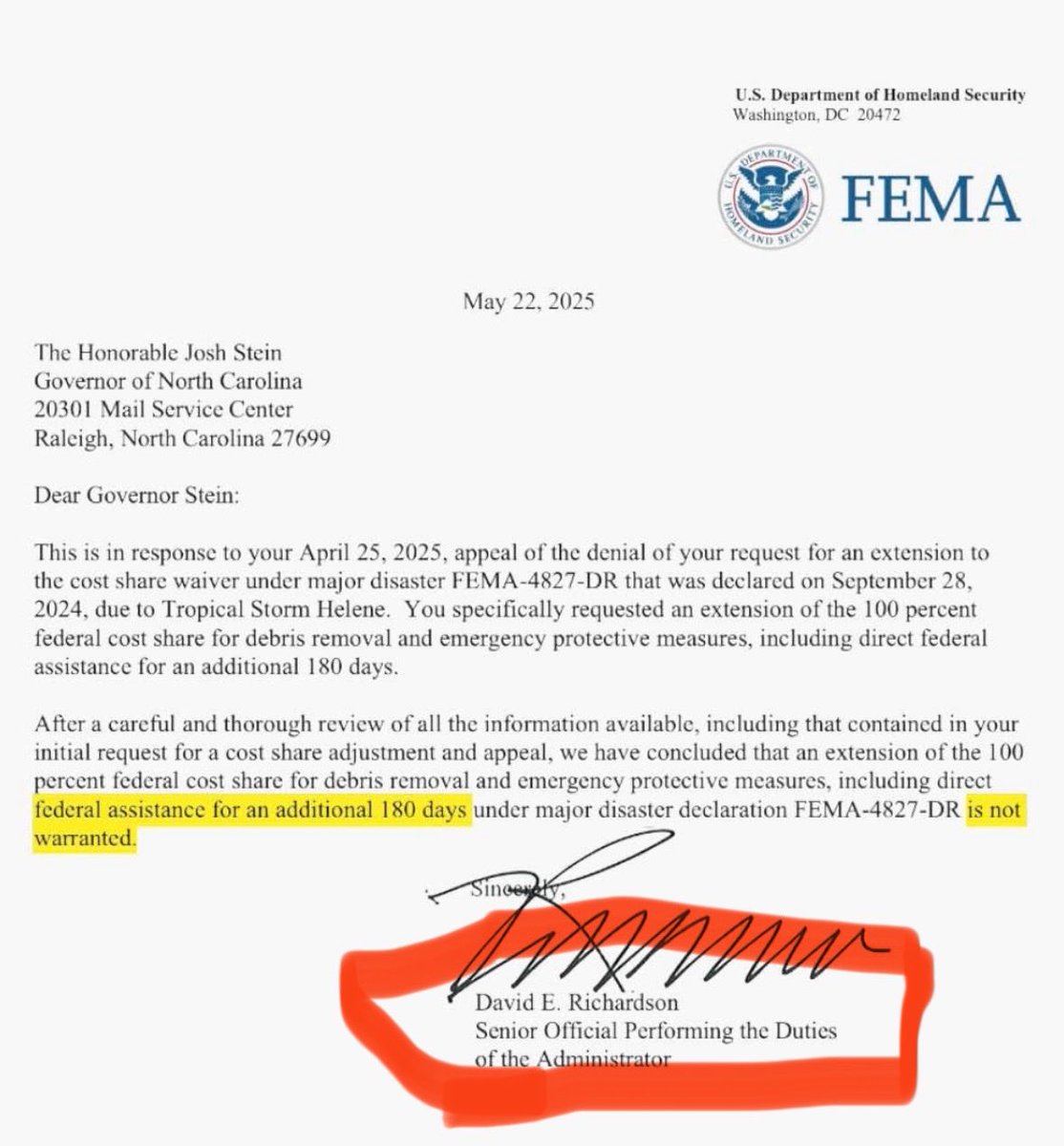 Ever heard of the title “Senior Official Performing the Duties of the Administrator”?   Out of his broom closet he can DOGE federal assistance to NC. I want a tax refund.