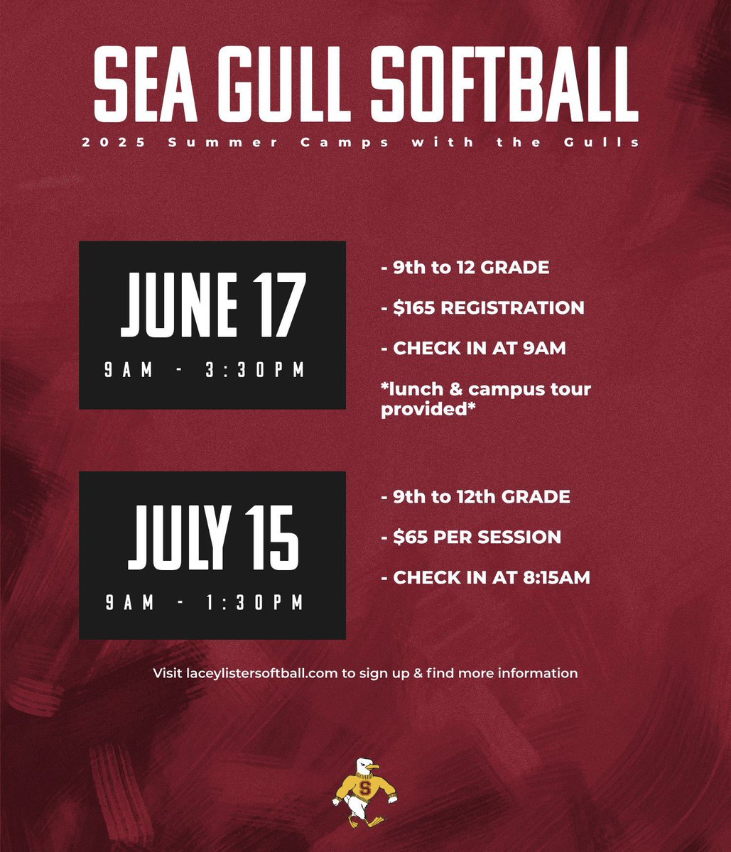 ‼️ SPOTS ARE FILLING UP‼️Sign up before you miss it! 

Visit laceylistersoftball.com to find more information. Find discounts below⬇️ We can’t wait to work with you this summer🤩☀️

-Going to multiple sessions? Use the code Gulls2 or 3Gulls for the July 15th camp