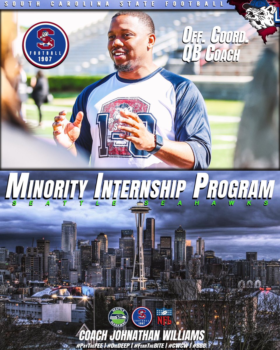 South Carolina State Football (@scstate_fb) on Twitter photo #GoDogs
Big Shout Out to our Offensive Coordinator JOHNATHAN WILLIAMS for earning the NFL MINORITY INTERNSHIP with the <a href="/Seahawks/">Seattle Seahawks</a> ! Big things are in store for him!
<a href="/SCStateAthletic/">SC State Athletics</a> <a href="/MEACSports/">Mid-Eastern Athletic Conference</a> <a href="/coachberry77/">Chennis Berry</a> <a href="/JOHN17WILLIAMS/">QUE.B.</a>
#PayTheFEE
#DigDEEP
#FearTheBITE
#CWCW
#BBB
๐ด๐ต๐ถ๐ #GoDogs
Big Shout Out to our Offensive Coordinator JOHNATHAN WILLIAMS for earning the NFL MINORITY INTERNSHIP with the <a href="/Seahawks/">Seattle Seahawks</a> ! Big things are in store for him!
<a href="/SCStateAthletic/">SC State Athletics</a> <a href="/MEACSports/">Mid-Eastern Athletic Conference</a> <a href="/coachberry77/">Chennis Berry</a> <a href="/JOHN17WILLIAMS/">QUE.B.</a>
#PayTheFEE
#DigDEEP
#FearTheBITE
#CWCW
#BBB
๐ด๐ต๐ถ๐