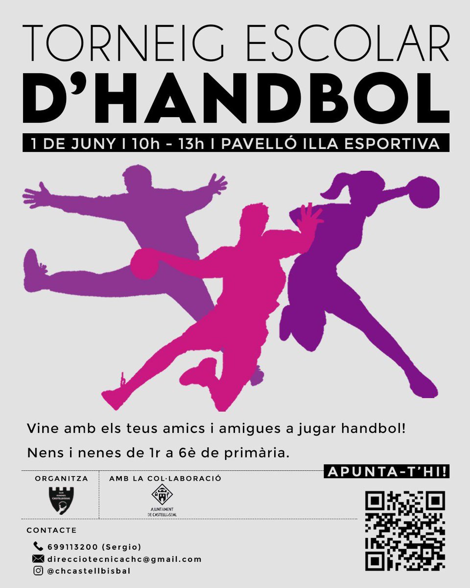 CH Castellbisbal (@chcastellbisbal) on Twitter photo 🤾🏼‍♀TORNEIG ESCOLAR D’HANDBOL!🤾
📆 Aquest diumenge 1 de juny, al pavelló de l’Illa Esportiva, participa al Torneig Escolar d’Handbol!🔥
🙌🏻Vine amb els teus amics i amigues!
👧Nens i nenes de 1r a 6è de primà ria!✌🏻
📝 Apuntar-t’hi: forms.gle/bnQ3Wqr4MVjmxR… 🤾🏼‍♀TORNEIG ESCOLAR D’HANDBOL!🤾
📆 Aquest diumenge 1 de juny, al pavelló de l’Illa Esportiva, participa al Torneig Escolar d’Handbol!🔥
🙌🏻Vine amb els teus amics i amigues!
👧Nens i nenes de 1r a 6è de primà ria!✌🏻
📝 Apuntar-t’hi: forms.gle/bnQ3Wqr4MVjmxR…