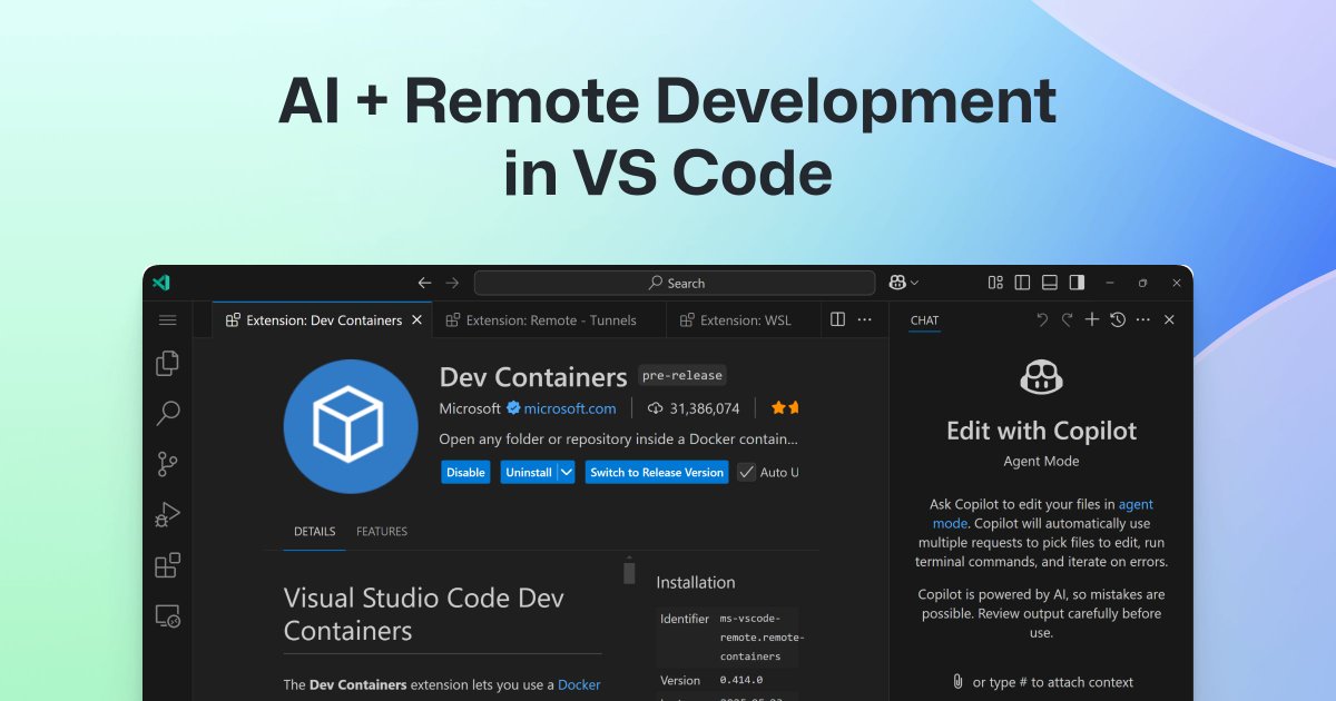 code's tweet image. Remote development in @code enables you to develop almost anything, from anywhere. Combine that with integrated AI features, and you have an incredibly flexible and powerful dev environment.

Learn more about how AI features in remote development &quot;just work&quot;:…
