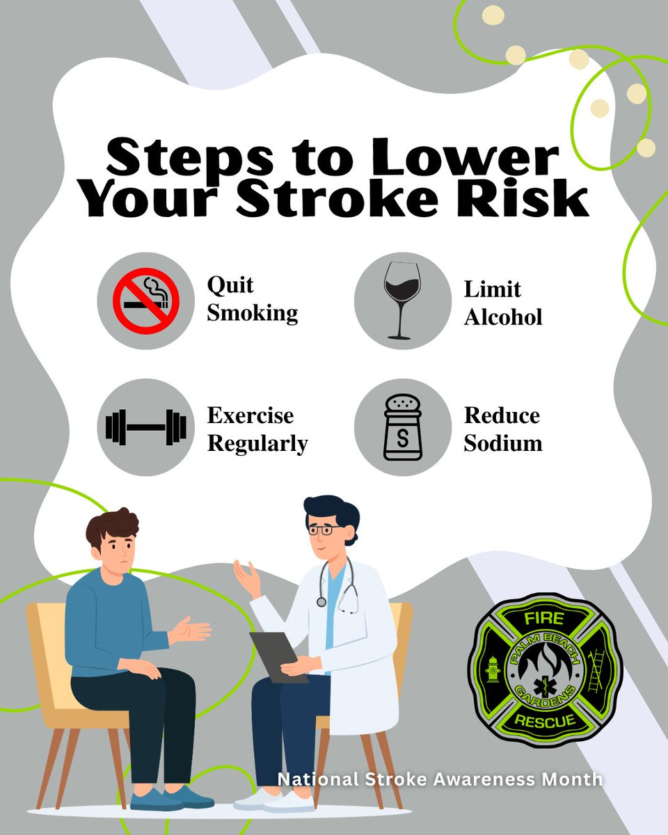 Stroke prevention starts now! This Stroke Risk Awareness Month, take these steps to lower your risk of stroke:

❤️ Control your blood pressure
🩺 Managing diabetes
🍴 Eating a healthy diet
💪 Exercising regularly
🚬🚫 Quitting smoking