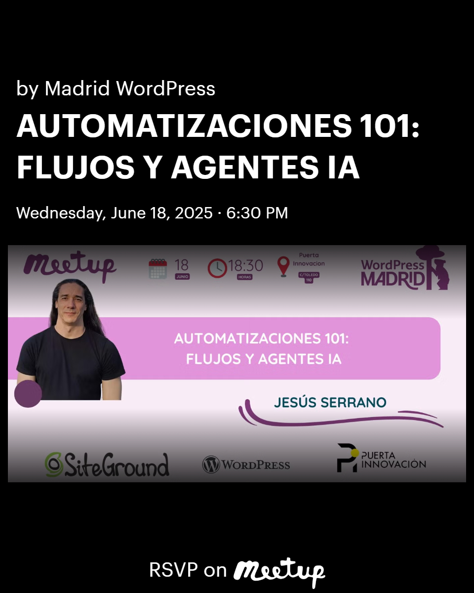Carlota (@carlotagalvan) on Twitter photo 💻Cierre de temporada de <a href="/MadridWordPress/">MadridWordPress</a> con Jesús Serrano. Desarrollador experto en IA y asistente habitual a nuestras meetups. Hemos logrado convencerle para que de una charla y nos baje a tierra la automatización en WordPress gracias a la IA.
meetup.com/wordpress-madr… 💻Cierre de temporada de <a href="/MadridWordPress/">MadridWordPress</a> con Jesús Serrano. Desarrollador experto en IA y asistente habitual a nuestras meetups. Hemos logrado convencerle para que de una charla y nos baje a tierra la automatización en WordPress gracias a la IA.
meetup.com/wordpress-madr…