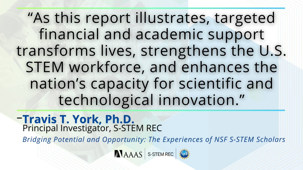 We hope our new report, Bridging Potential and Opportunity: The Experiences of NSF S‑STEM Scholars, serves as a valuable resource for those invested in strengthening pathways into STEM and advancing access to STEM careers.

Read the report today: sstemrec.aaas.org/blog/new-repor…