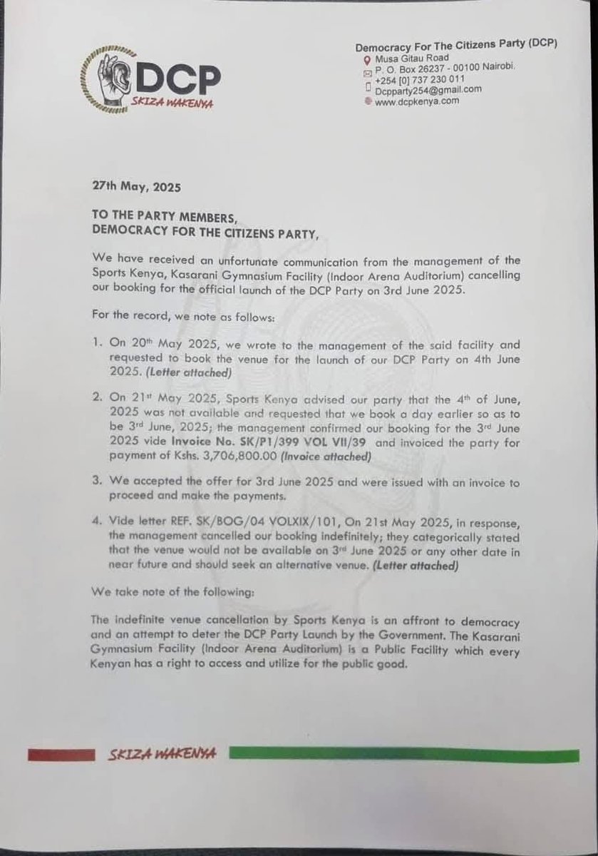 Cancelled! The warmonger party DCP must understand Kasarani and Nyayo stadium are in high prep for CHAN. Let them go to Wamunyoro!