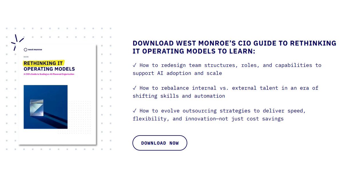 AI is changing how value gets delivered, but most IT op models haven’t caught up.

Our new guide helps CIOs redesign teams, sourcing, and structure to scale AI effectively—while offering steps to align your op model with the demands of an AI-driven org: westmonroe.digital/3FrrEUm