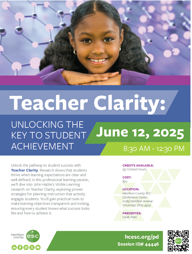 Join us on 6/12 for Teacher Clarity!!

Learn how the power of clarity can unlock student success and engagement in learning!