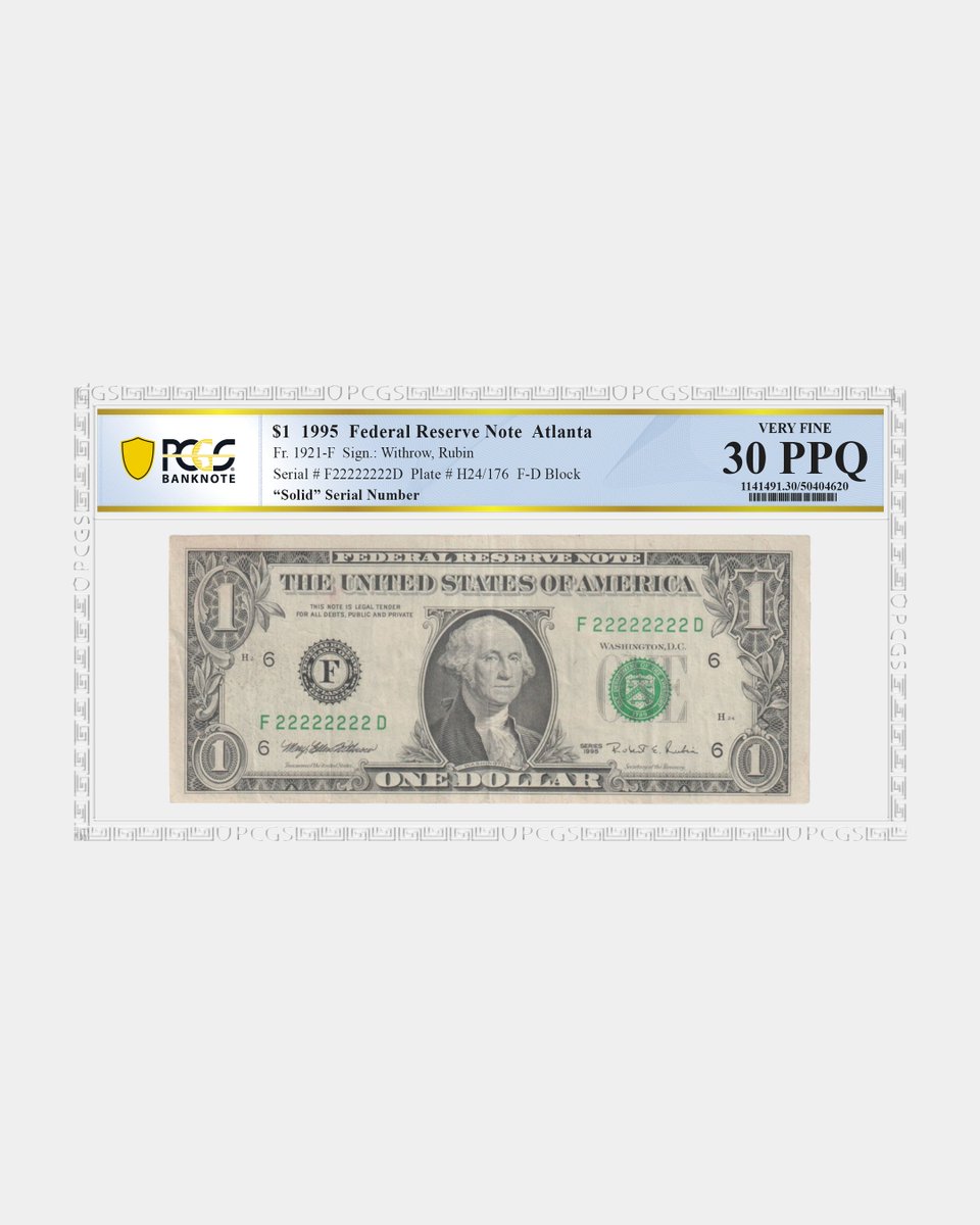 PCGScoin's tweet photo. This 1995 $1 Federal Reserve Note has a Solid-2 Serial Number, meaning the same digit is repeated throughout the serial number. This example, Pop 1 with none graded higher, are rare in circulation, and they start around $1,500 when graded – worth checking your change for.💸 https://t.co/BffiRRq1ia