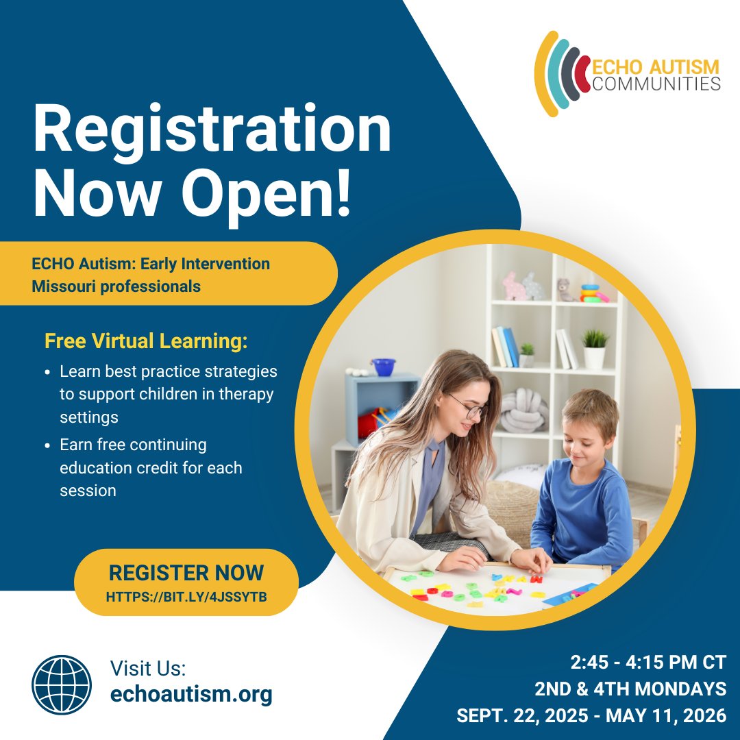 Registration is open for ECHO Autism: Early Intervention! Free virtual training for Missouri providers working with autistic kids up to age 8—SLPs, OTs, ABA clinicians &amp; more. Sept 22–May 11. Bonus AAC session Oct 27.
redcap.missouri.edu/redcap/surveys…
#ECHOAutism #EarlyIntervention