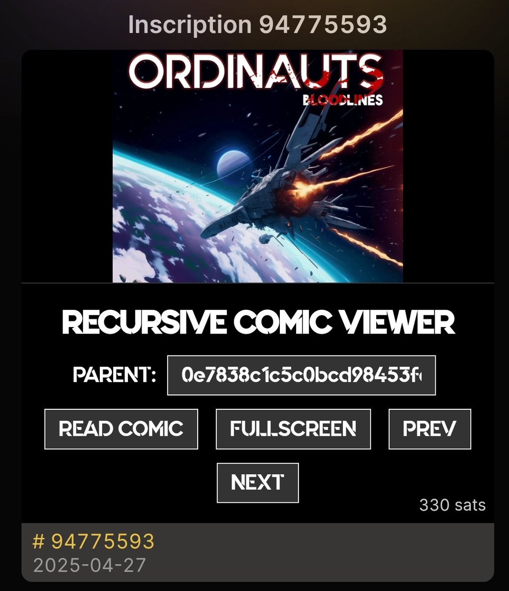 A team that keeps showing up with the best is <a href="/Ordinauts/">Ordinauts</a> 

Got my bloodlines comic airdrop. A lot of hard work went into this and it's a beautiful piece

The recursive comic viewer is incredible. 

<a href="/ordlordbtc/">OrdLord</a> , <a href="/davekebo/">davekebo</a> <a href="/TroyCaylak/">Troy 🧙🏽‍♂️☎️🧪 building alkanes</a> and the whole team cooked 🧡