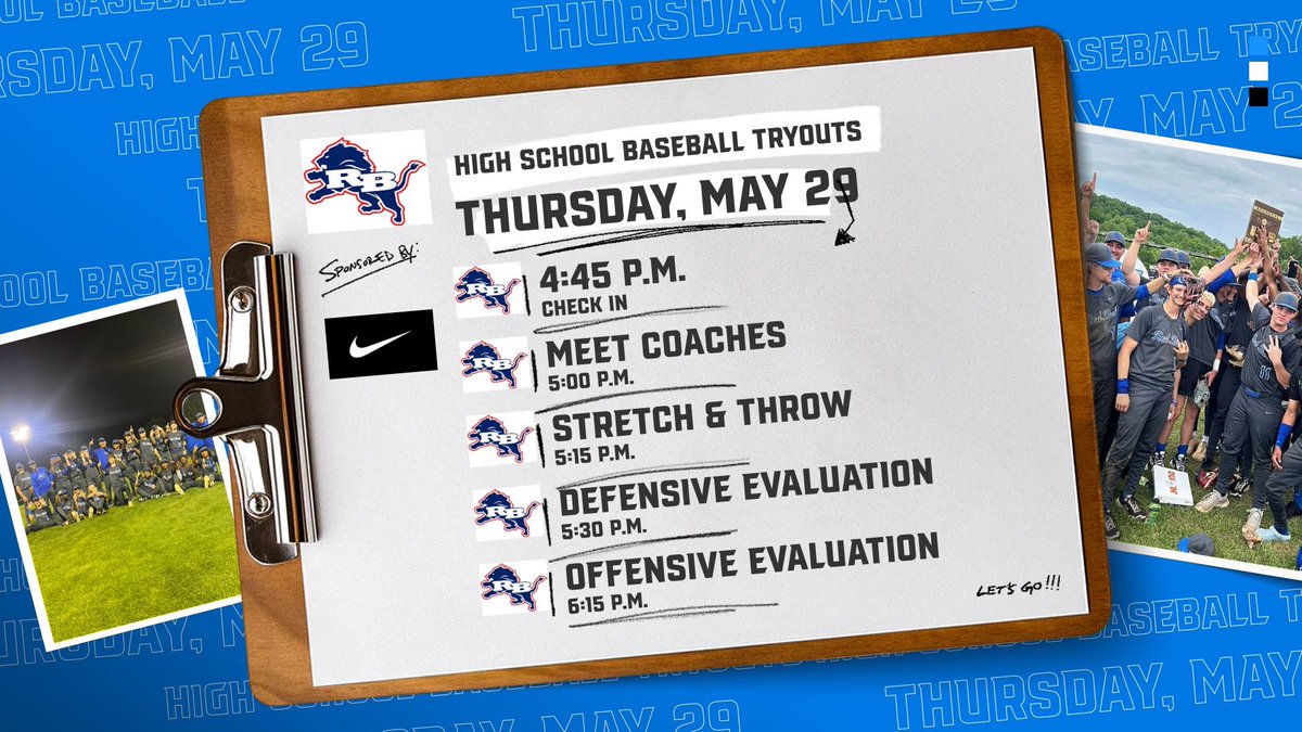 📝Red Bank HS Baseball Tryouts📝
🗓️ Thursday, May 29
⏰ 4:45 P.M. - Check-In
🏟️ Red Bank HS