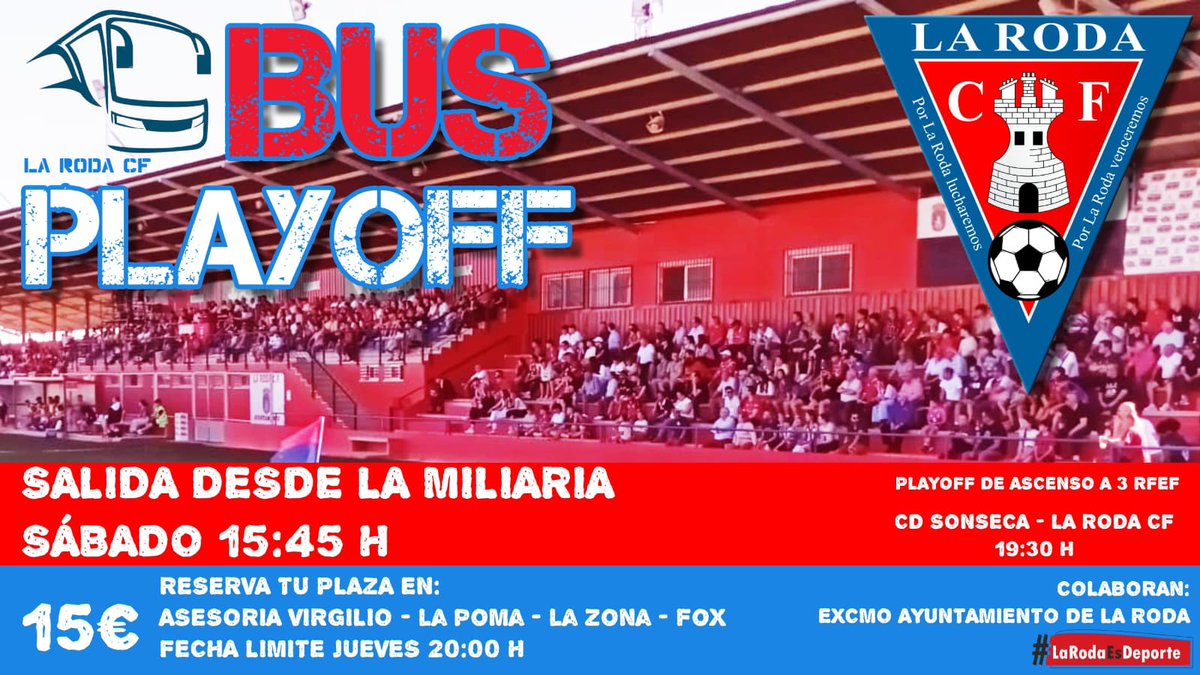 🚌 𝗥𝗢𝗝𝗜𝗟𝗟𝗢𝗦,𝗡𝗢𝗦 𝗩𝗔𝗠𝗢𝗦 𝗔 𝗦𝗢𝗡𝗦𝗘𝗖𝗔!! 

👉 El club,saca un bus para el partido de vuelta de los PlayOffs de Ascenso hacia Sonseca,nos jugamos el ascenso y que mejor que con nuestra afición para conseguirlo 
𝙊𝙨 𝙣𝙚𝙘𝙚𝙨𝙞𝙩𝙖𝙢𝙤𝙨 𝙖 𝙩𝙤𝙙𝙤𝙨!VAMOS! 🔴🔵