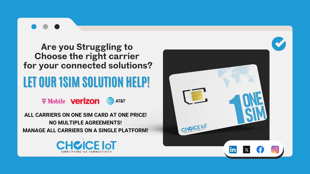 Finding the right carrier for your connected solutions?
Let our multicarrier 1SIM help you. Make the smart choice!
Learn more at hubs.ly/Q03pbPrT0
#IoT #iotconnectivity #verizon #tmobile #ATT #4G #5G #LTE #multicarriersim #iotsim #choiceiot