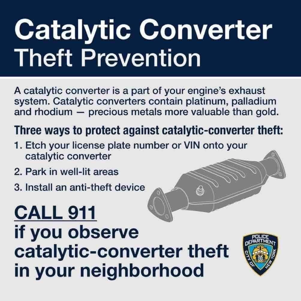 Thieves target catalytic converters, hoping to cash in on the precious metals inside them.

Here are some safety tips on protecting your car against catalytic converter theft!

If you see anything suspicious, such as individuals "working" on vehicles overnight, call 911! 🚔