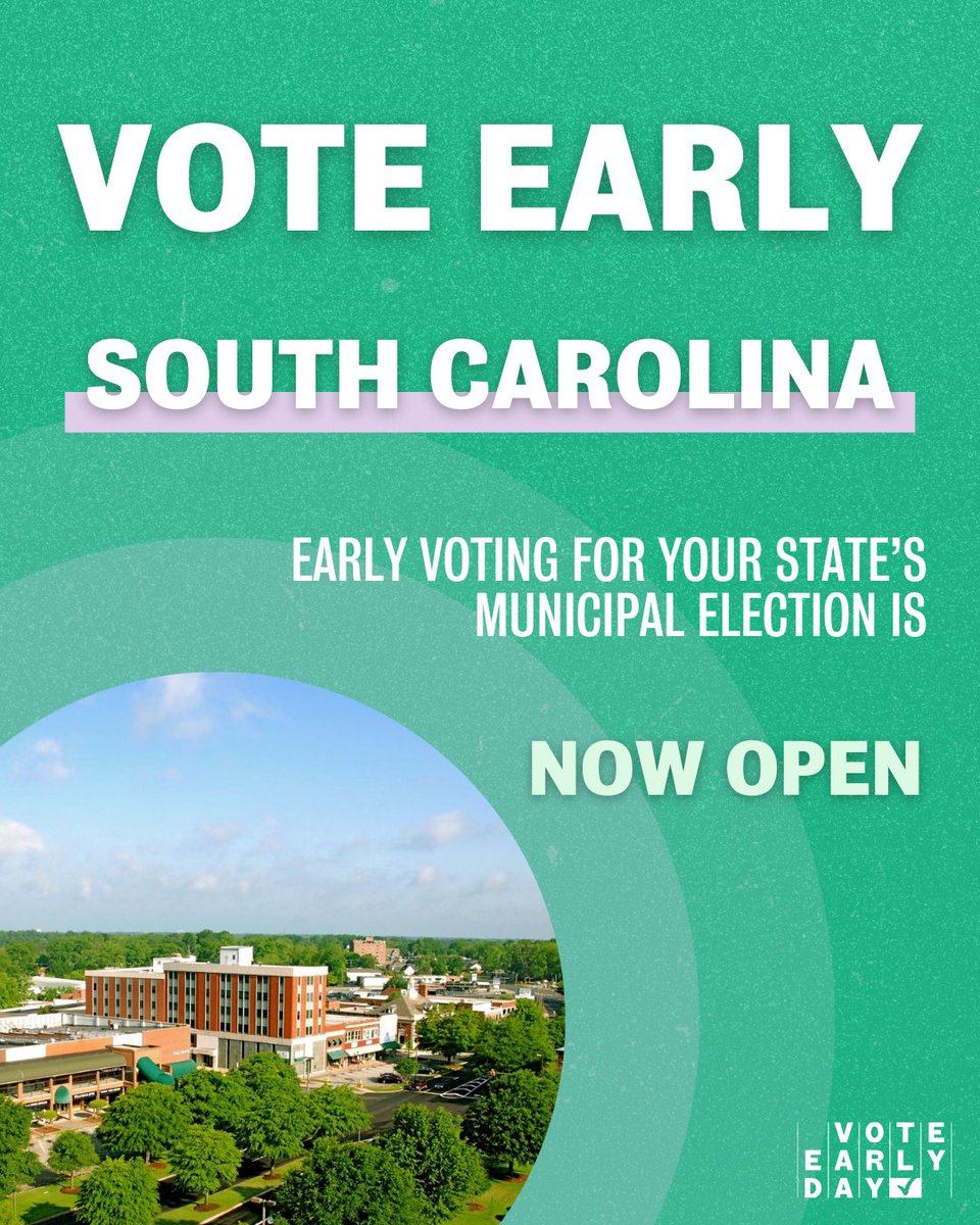 #SouthCarolina Voters - you can now #voteearly for your state's Primary Election! 🗳️

Learn more about how you can vote early by visiting voteearlyday.org/vote! 🔗

#elections #voting #SC #SCElection #CivicEngagement #EarlyVoting