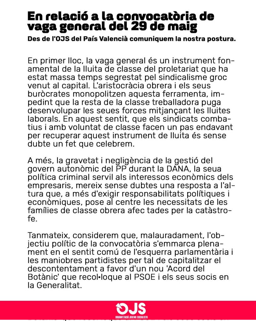 OJS_PV's tweet photo. 📄 || Comunicat sobre la vaga general del 29M

Reconstruïm la nostra independència política com a classe. https://t.co/881IXxAXdW