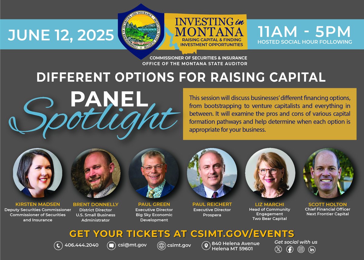 BrownCSIMT's tweet image. Looking to raise capital for your business? Don’t miss the “Different Options for Raising Capital” Panel at the Investing in Montana Summit!
🗓 Date: June 12, 2025
⏰ Time: 11 AM – 5 PM (Social hour to follow)
📍 Location: AC Hotel, Bozeman MT
Join industry leaders as they…
