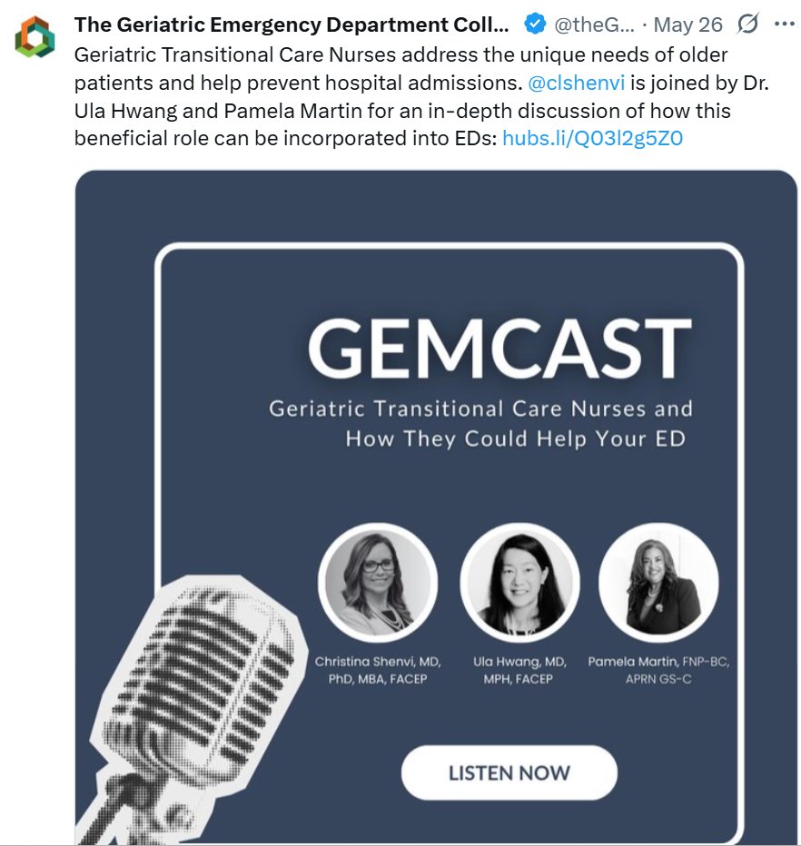UNC Emergency Medicine (@uncem) on Twitter photo Be sure to check out this excellent discussion about #Geriatric Transitional Care Nurses, hosted by <a href="/theGEDC/">The Geriatric Emergency Department Collaborative</a>; featuring Dr. Christina Shenvi (<a href="/clshenvi/">Christina Shenvi, MD, PhD, MBA, FACEP</a>) with <a href="/UNCEM/">UNC Emergency Medicine</a>, Dr. Ula Hwang with <a href="/YaleMed/">Yale School of Medicine</a>, and Pamela Martin, FNP, with <a href="/ynhhealth/">Yale New Haven Health</a>. Link to podcast: hubs.li/Q03l2g5Z0 Be sure to check out this excellent discussion about #Geriatric Transitional Care Nurses, hosted by <a href="/theGEDC/">The Geriatric Emergency Department Collaborative</a>; featuring Dr. Christina Shenvi (<a href="/clshenvi/">Christina Shenvi, MD, PhD, MBA, FACEP</a>) with <a href="/UNCEM/">UNC Emergency Medicine</a>, Dr. Ula Hwang with <a href="/YaleMed/">Yale School of Medicine</a>, and Pamela Martin, FNP, with <a href="/ynhhealth/">Yale New Haven Health</a>. Link to podcast: hubs.li/Q03l2g5Z0