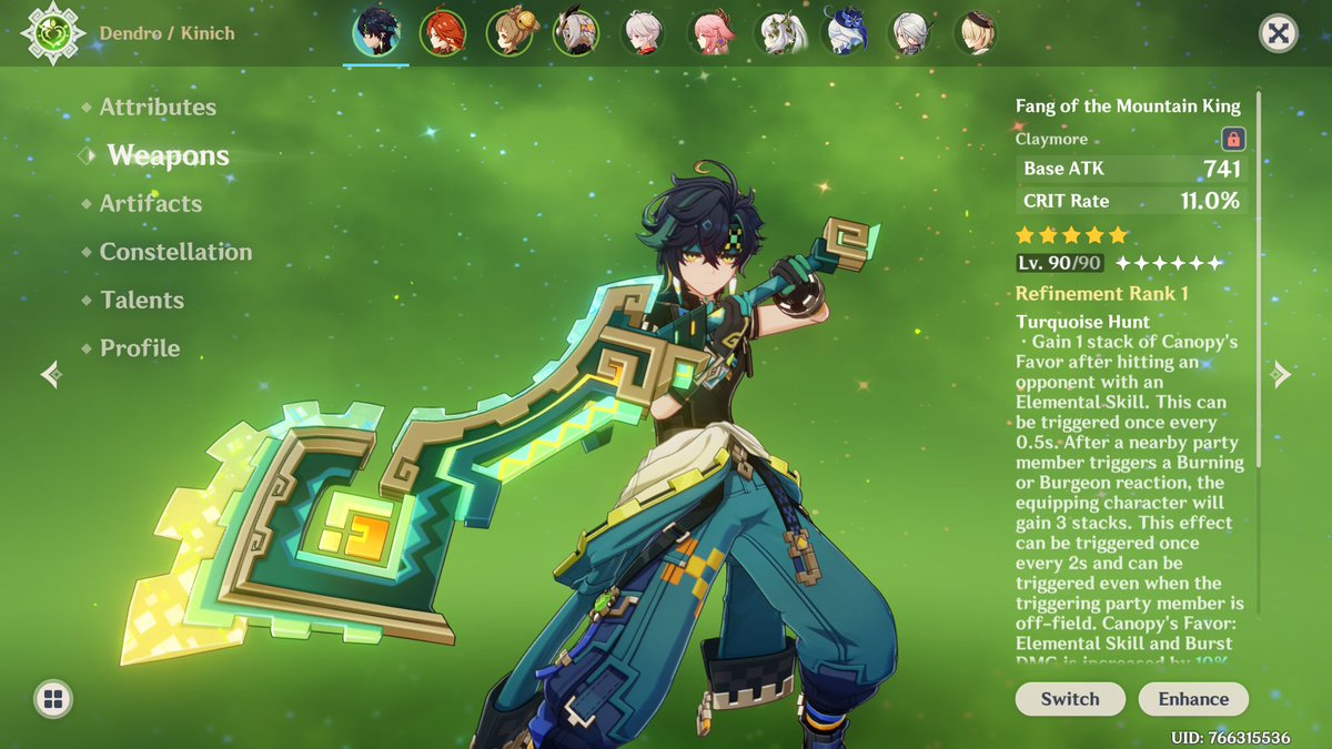 graphitedemon's tweet photo. I got his weapon during his first run, but still.
First time I go above C0R0 for a character!
I love him so much.
#Kinich
Sorry for posting this instead of art.
Art block is still kicking my butt. https://t.co/YpDYu3h9e8