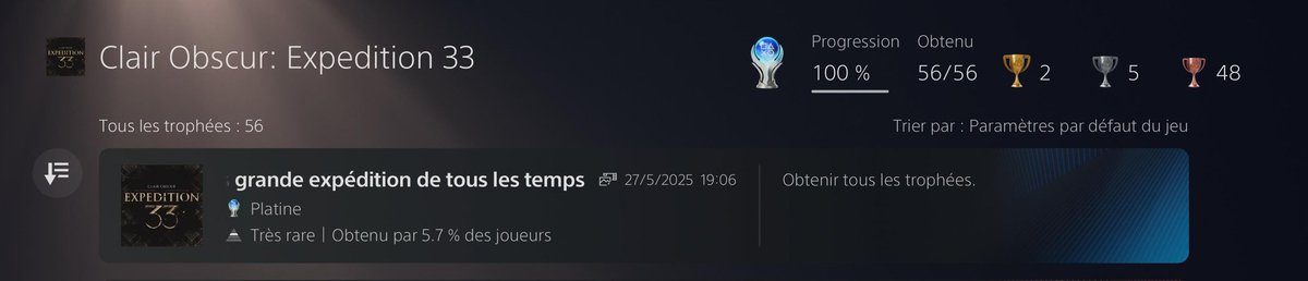 Quel jeu! 💜
Ce n'est que mon 4eme platine car je ne cours pas après. Mais là <a href="/expedition33/">Clair Obscur: Expedition 33</a> méritait de vivre l'expérience jusqu'au bout. 🥹
Félicitations aux équipes de <a href="/SandfallGames/">Sandfall Interactive - CO:E33 out now!</a> 🙏
