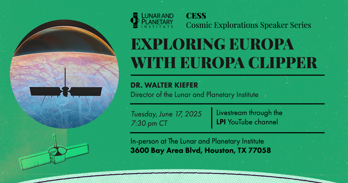 LPItoday's tweet image. NEW DATE: Join us for a hybrid presentation discussing NASA’s Europa Clipper mission and its 1.8-billion-mile journey to Jupiter’s moon, Europa. This event will take place on Tuesday, June 17, at 7:30 p.m. CT, at the LPI and streamed on YouTube. ow.ly/2lCy50VMkz8