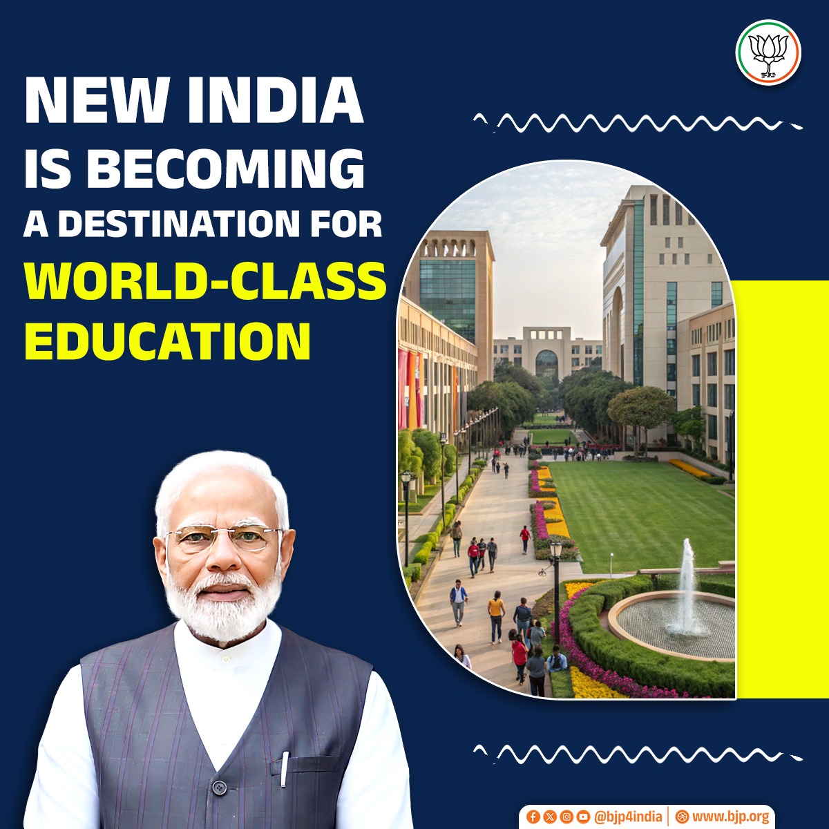 BJP4India's tweet photo. New India is rapidly emerging as a hub for world-class education, attracting global institutions to establish their presence in the country. 📚🎓 https://t.co/wJ45PrF4Ta