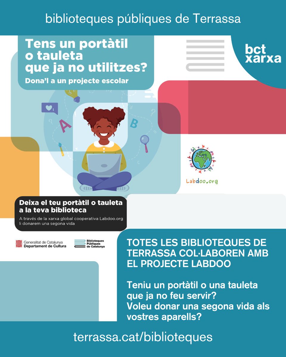 Totes les Biblioteques <a href="/bctxarxa/">bct xarxa</a> participen i s'afegeixen a la campanya de reciclatge del Projecte Labdoo, la plataforma sense ànim de lucre que opera a tot el món per proveir de dispositius electrònics a escoles d'arreu del planeta.

Més informació a:
terrassa.cat/bctxarxa-labdoo