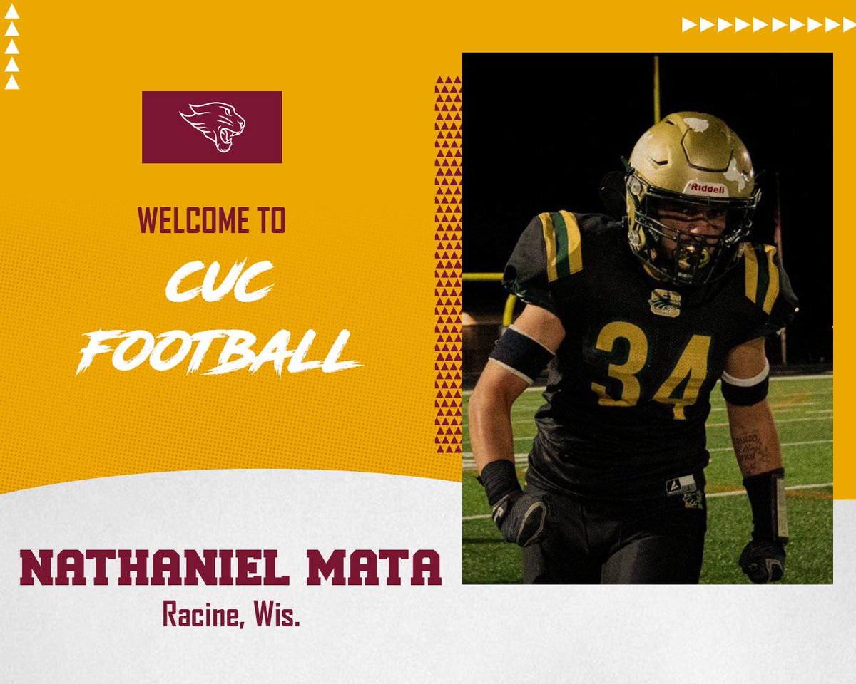 It's time to welcome another new family member for the 2025 season ⬇️                        

Meet our linebacker from Racine, Wisconsin.    

Welcome to the CUC Family, Nathaniel Mata!!