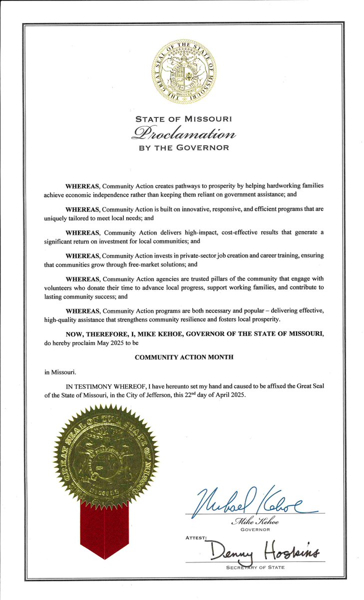 A huge thank you to <a href="/GovMikeKehoe/">Governor Mike Kehoe</a> for the proclamation naming May 2025 as #CommunityActionMonth in the Show Me State! 

We are grateful for your support and your recognition of the importance of OAI and our sister agencies across this great state.