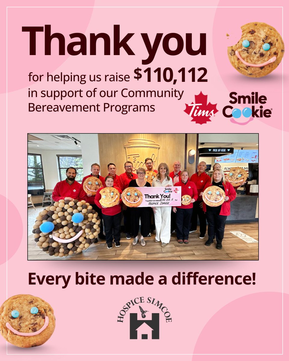 Thanks to the Tim Hortons Smile Cookie campaign, Hospice Simcoe and RVH’s Birthing Unit will each receive an incredible $110,112.51! We’re so grateful to the Barrie Tim Hortons owners and their teams, our amazing volunteers and staff who helped raise awareness, and everyone who